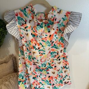 JODIFL Orange and Blue Flutter Sleeve Ruffled Blouse